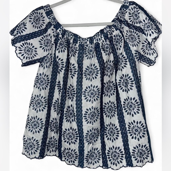 entro Tops - Entro Blue Embroidered Off the Shoulder Top with Scalloped Hem Large